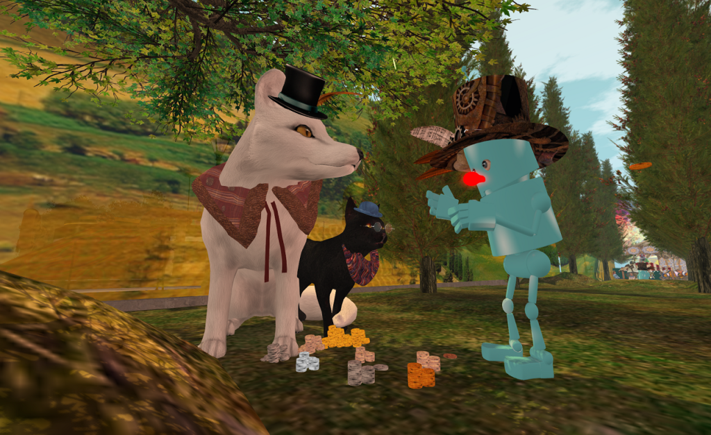 Steampunk Pinocchio, a light blue robot, does some poor bargaining with the fox and cat.