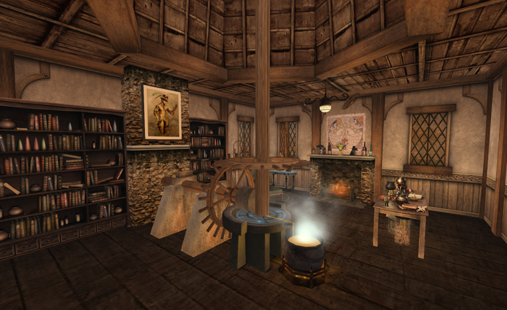 A large, well-stocked bookcase to the left. A mill wheel in the center, turning inside a magic circle. An alchemist's workbench on the right.
