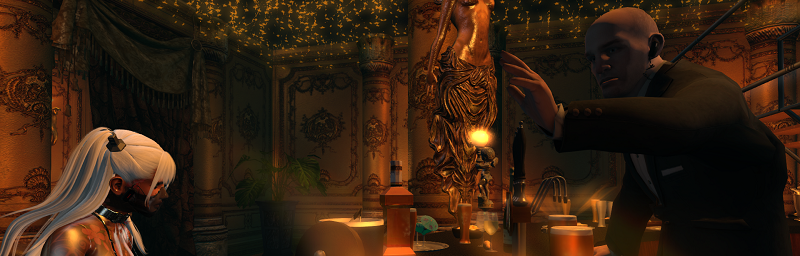 A woman with long white hair and a face mask sits in an ornate bar while a bartender across from her engages with another patron.
