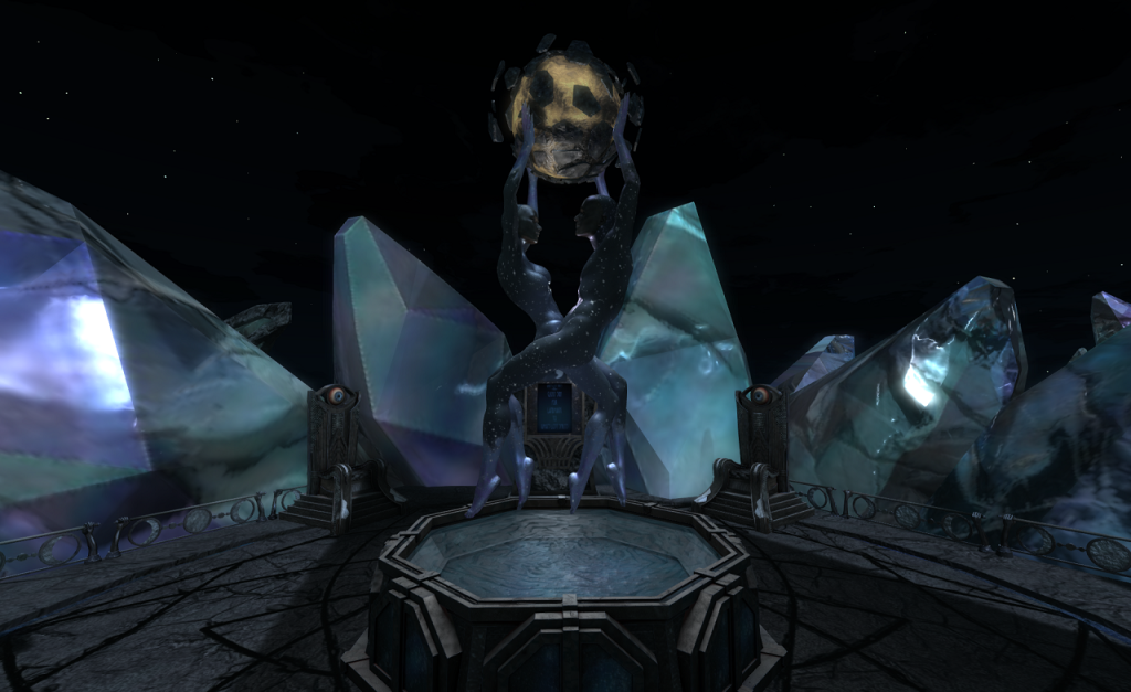 Two intertwined statues bear a fractured globe. They stand on a heavy plinth which is filled with water. By the far side of the plinth, two curiously disturbing thrones have been placed. They each have a single eye at the summit of their backs. Giant crystals and a black sky fill the background.