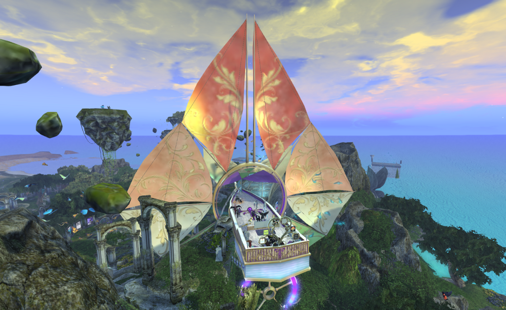 A flying wooden ship with a halo of triangular sails floats in the center of the view. The ship is white while its sails fade from bright orange and yellow at the top to cream at the bottom. Leafy patterns are printed into the sail fabric. Several avatars can just be made out dancing on the deck of the ship.
Below , stone arches mark a pathway in a green landscape. Rocky islands float in the sky in the background.