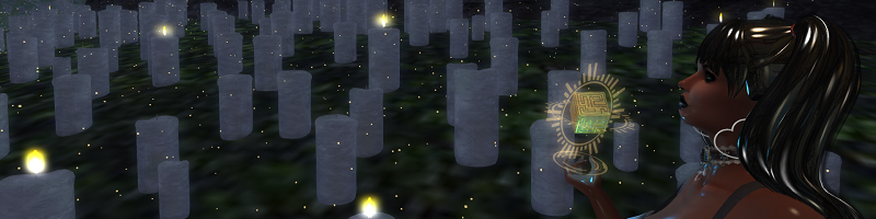 A woman with shiny black hair tied back gazes into the distance. In her right hand she holds a floating golden cube covered in curious carvings. In the background, a field is covered in memorial candles, a few of them are lit.