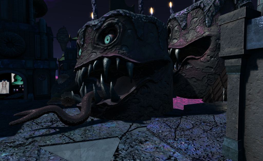 Two enormous cakes, with candles burning on top of them, appear to ooze down a street with broken pavement. The cakes are splotchy brown and purple in colour with slightly more purplish icing. They look to be about 15-20 feet high. Each has huge eyes in deep sockets and wide, cavernous mouths with long sharp teeth, about 3-4 feet in length. The foremost one has a forked tongue lolling out that extends maybe a dozen feet in front of it.