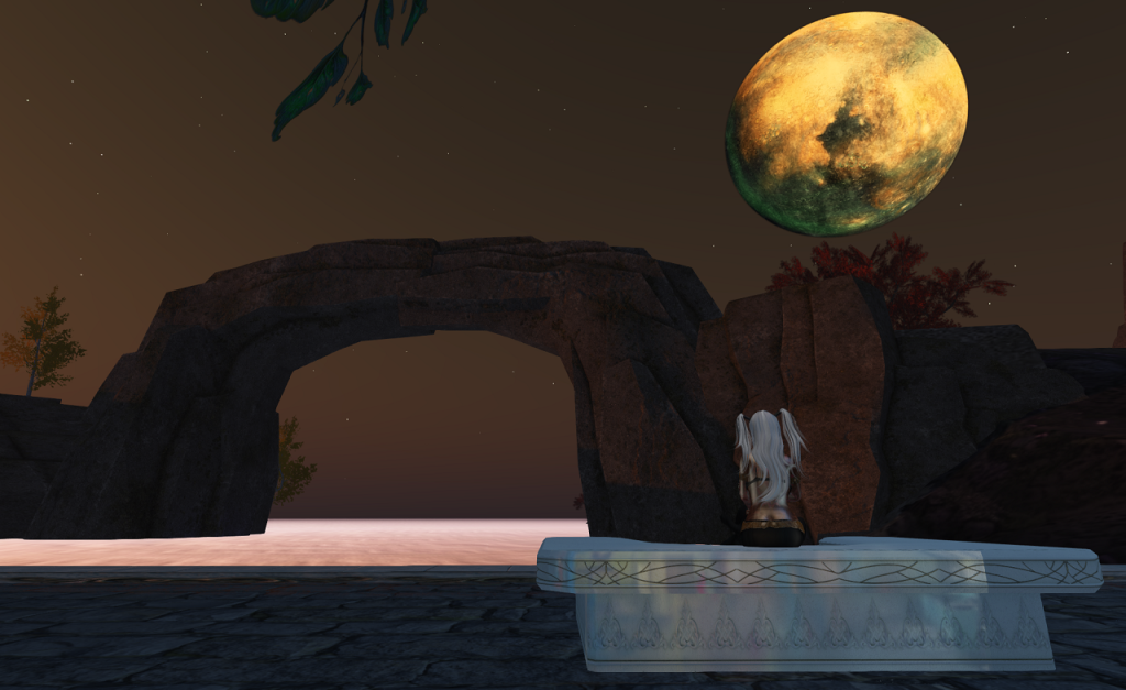 A woman with long white hair in pigtails sits on a white stone bench, facing away from the viewer. She is looking out at a body of water and a wide stone arch that spans it in the distance. Both the stone arch and the quay on which the bench sits are dark brown. The moon floats over and to the right of the arch. The water reflects an orange-pinkish light.