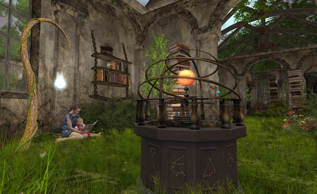A picture from inside a ruined church. In the foreground an a orrery ticks away inside a brass railing on a gray-brown stone plinth. The pedestal is decorated with diagrams of constellations. Off to the left, a woman is sitting on the ground with a small child in her lap. She is reading from a book. Above them hangs a lap that looks like it glows by magic. It is suspended from a downward curving branch of a small tree growing next to them.