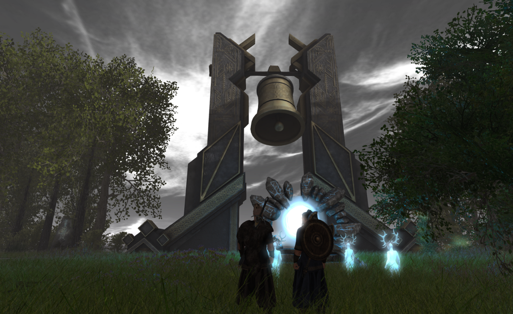 Two men in Norse battle gear stand on a green lawn before a tremendous bell supported by two tall stone pylons. The bells is swinging toward the viewer. Groves of trees bracket the pylons. A glowing ball surrounded by luminous spirits with antlers sits between the men and the bell tower. The sky above is stark gray with angular slashes of white clouds.