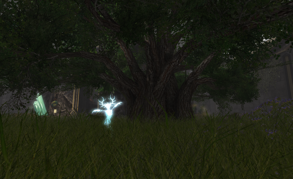 An ancient hardwood tree spreads its heavily leaved branches widely over a lawn of tall grass. A glowing spirit figure of a woman with antlers dances beneath its boughs. On the left behind her, a large luminous crystal juts out of the earth.