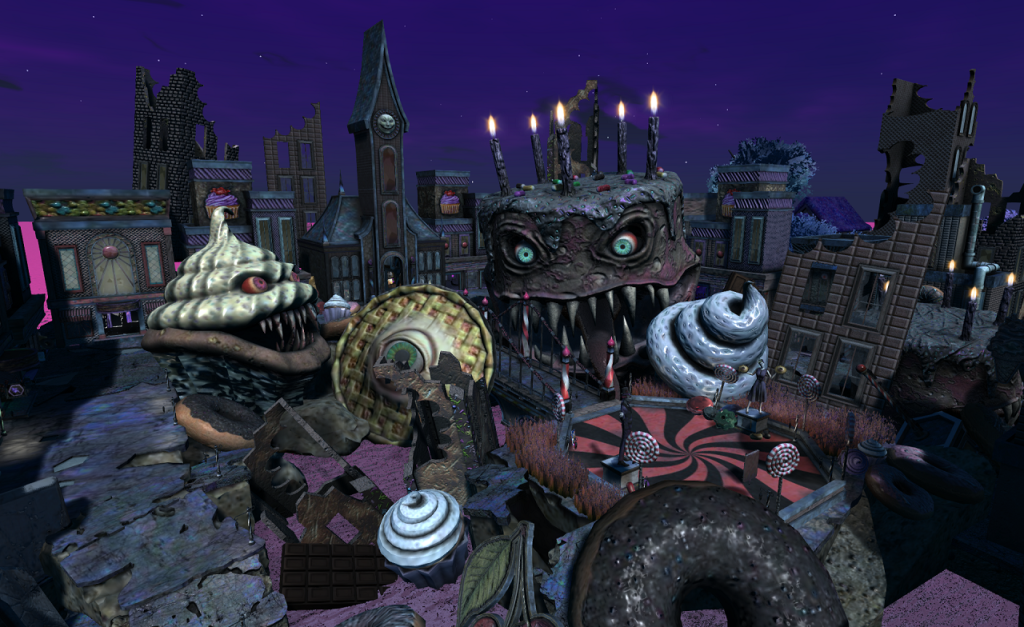 A collection of giant, deformed confections occupies the slowly collapsing and decaying center of a town square. A brown and purple birthday cake, tens of feet high with wild staring eyes and a cave like mouth filled with sharp teeth; An iced muffin with a similar visage, an enormous pie with an eye looking out of its center, dark donuts and lollypops surround the outer edges of the dark buffet. In the distance the buildings of the town square stand, though some are beginning to collapse.
