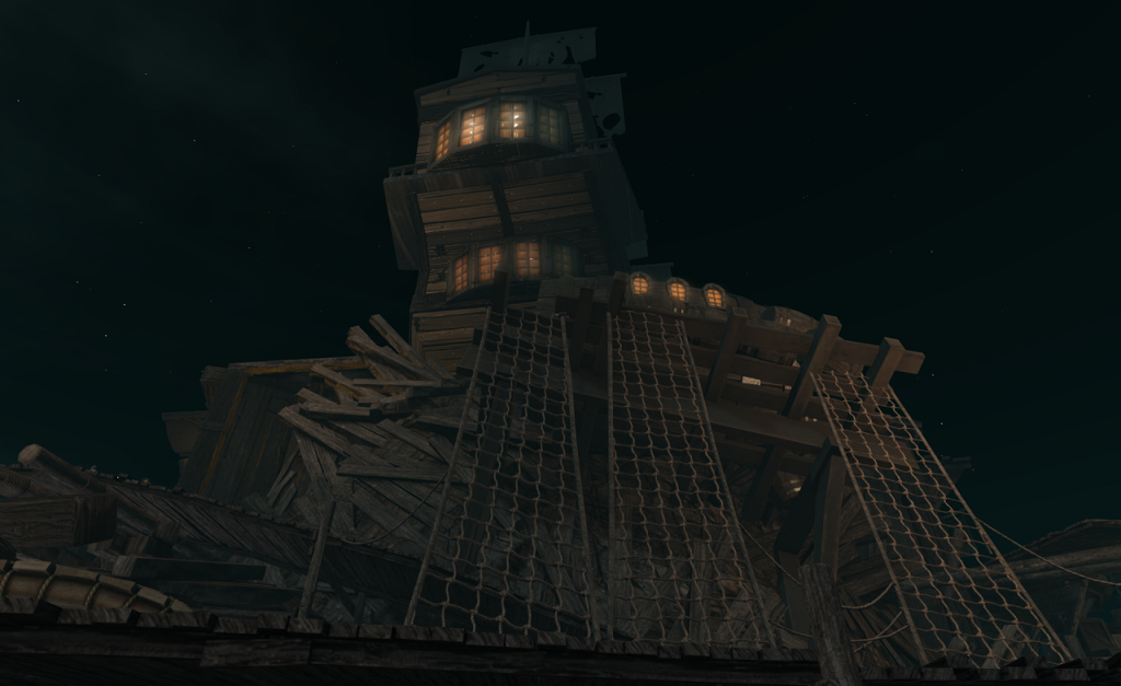 A dwelling of several stores appears to have been constructed from pieces of several shipwrecks. Windows from at leas three large stern lights glow from light within. The dwelling is perched precariously on top of a haphazard construction of weathered planks. Repurposed main shrouds look like they provide access to the balcony that just from the lowest story.
